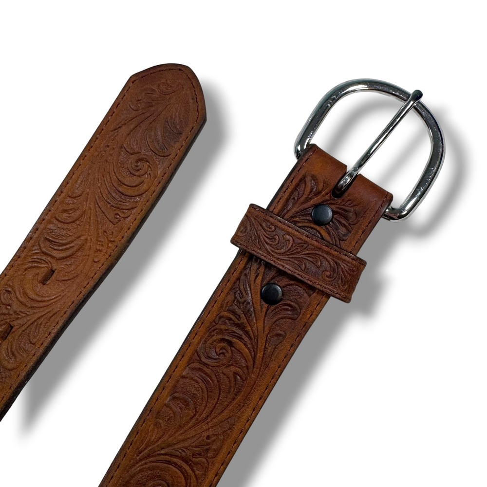 Justin Belt Mens 36 Brown Scroll Tooled Leather Western Cowboy Silver Buckle‎